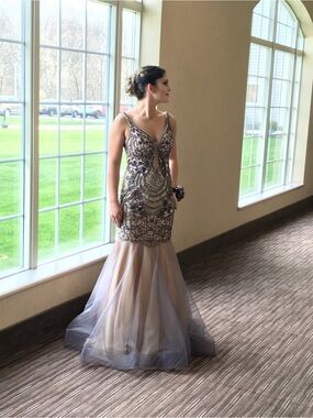 Beaded Mermaid Evening Dress in Champagne Gray